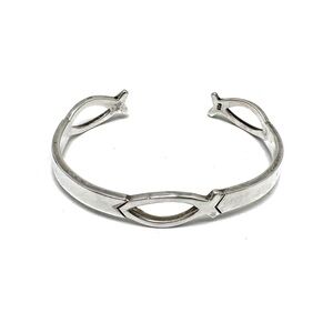 Sterling Silver Ichthys Cuff Bracelet Modern Openwork Christian Fish Motif